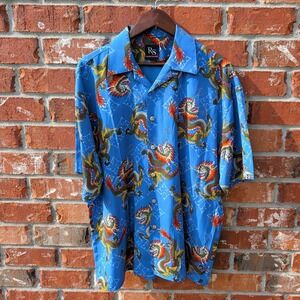 Ringo‎ Sport Dragon Print Shirt Mens Large Blue Short Sleeve Button Up